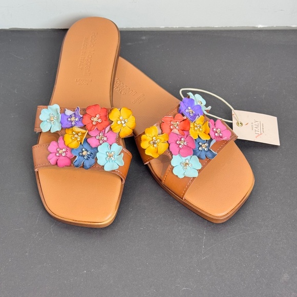 NWT Fabio Maggenti Italy Floral Leather Colorful Sandals Slides Size 8 - Picture 1 of 9